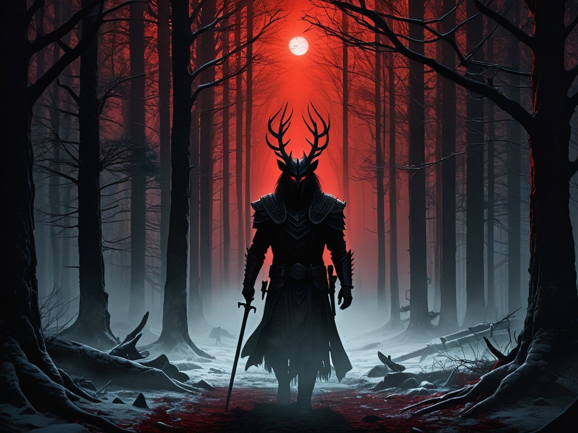 Menacing Warrior in Dark Forest Under Blood-Red Moon