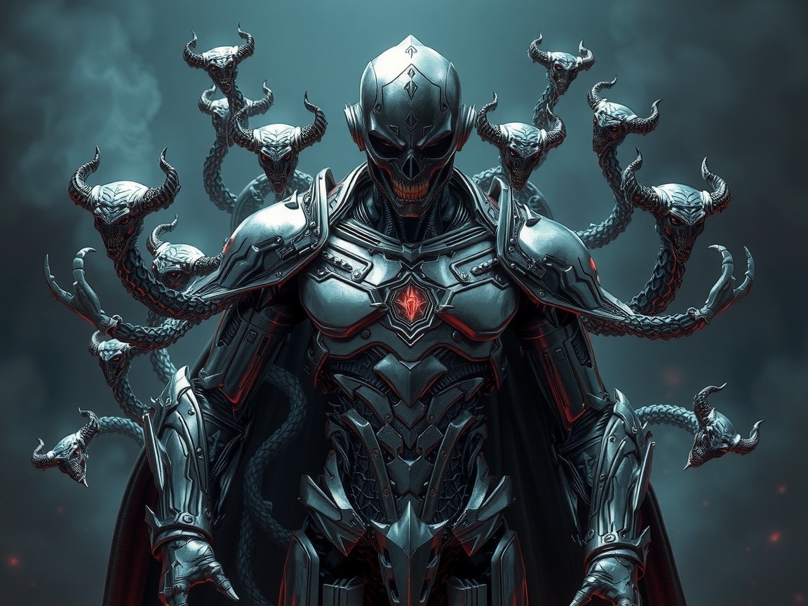 Armored Figure with Serpent Appendages in Dark Setting