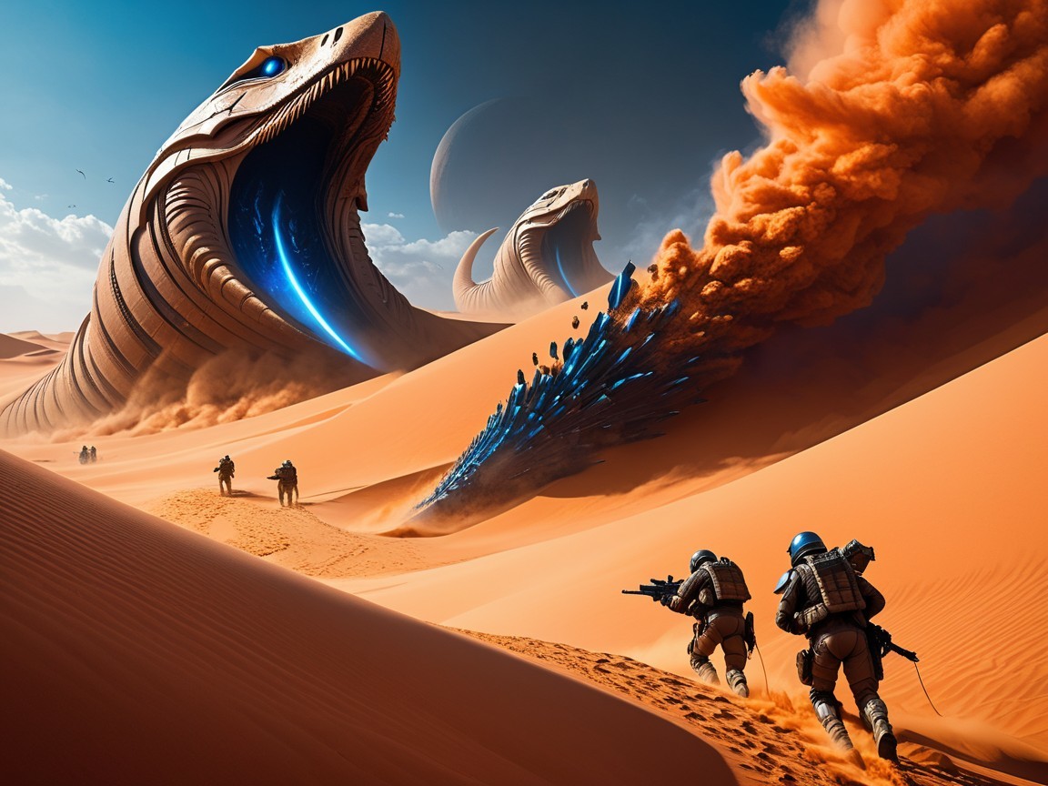 Colossal Serpent Creatures in a Desert Landscape