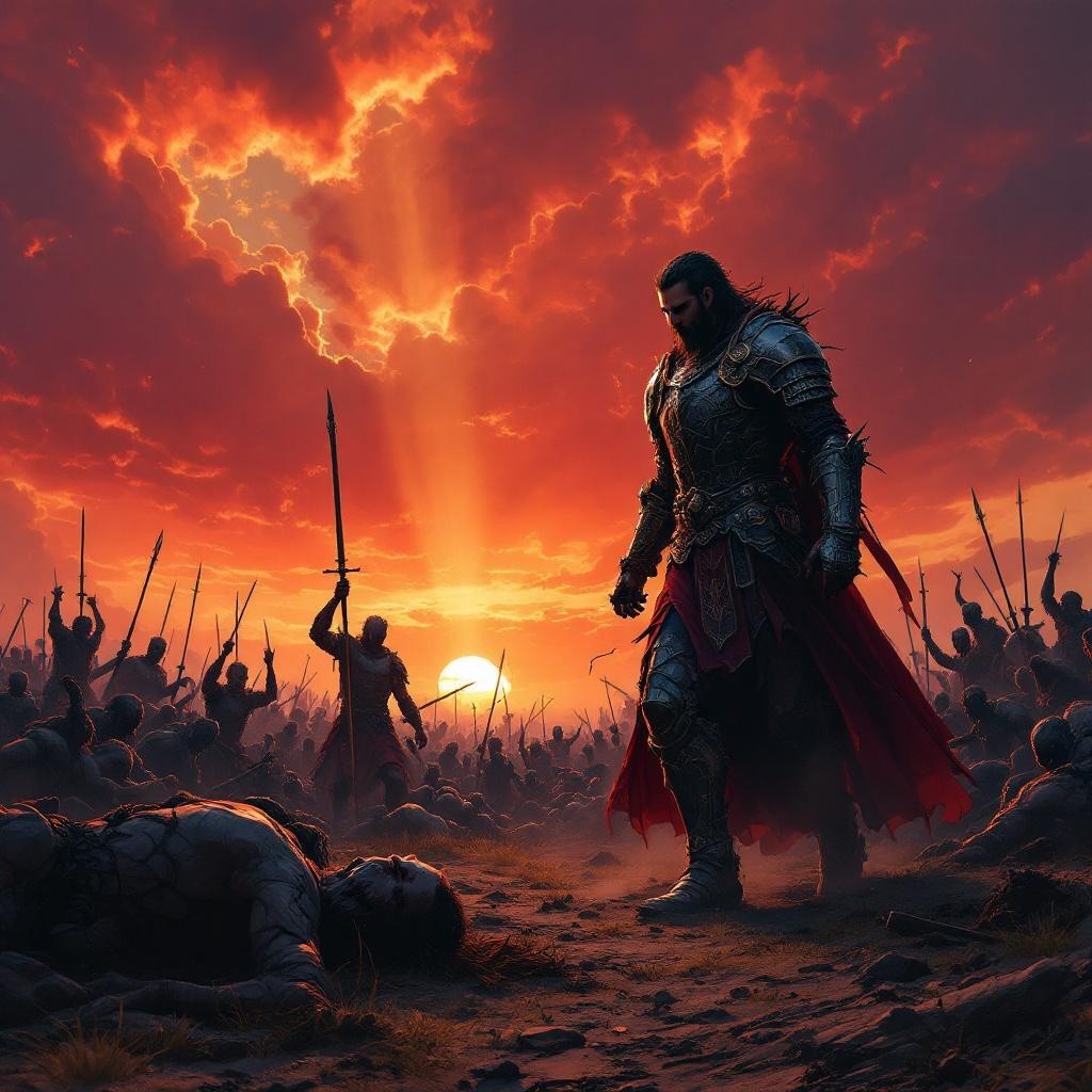 Heroic Warrior in Battle at Dramatic Sunset