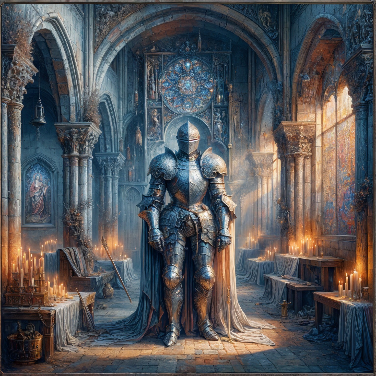 Knight in Armor in Medieval Chamber with Stained Glass