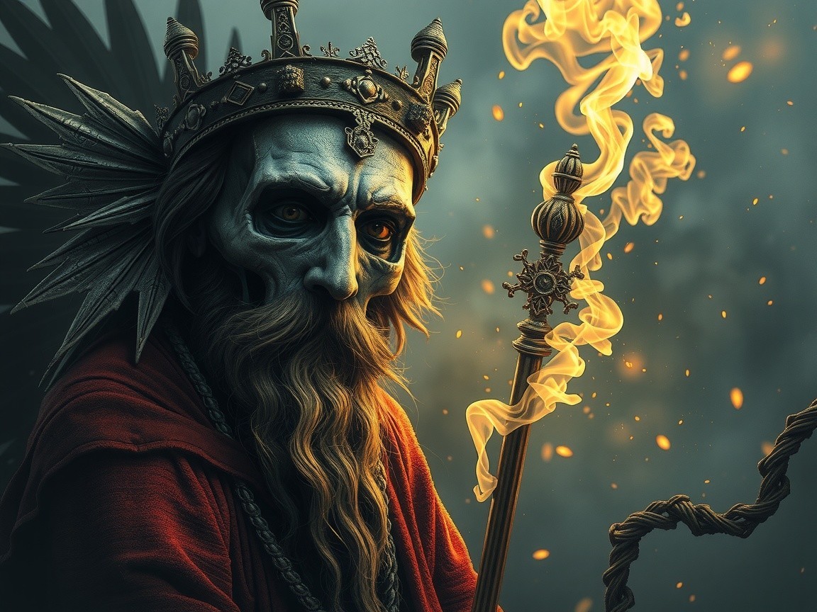 Regal figure with skull-like face and ornate crown