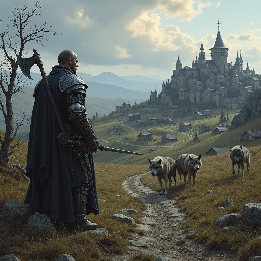 Knight with Axe on Rocky Path Near Distant Castle