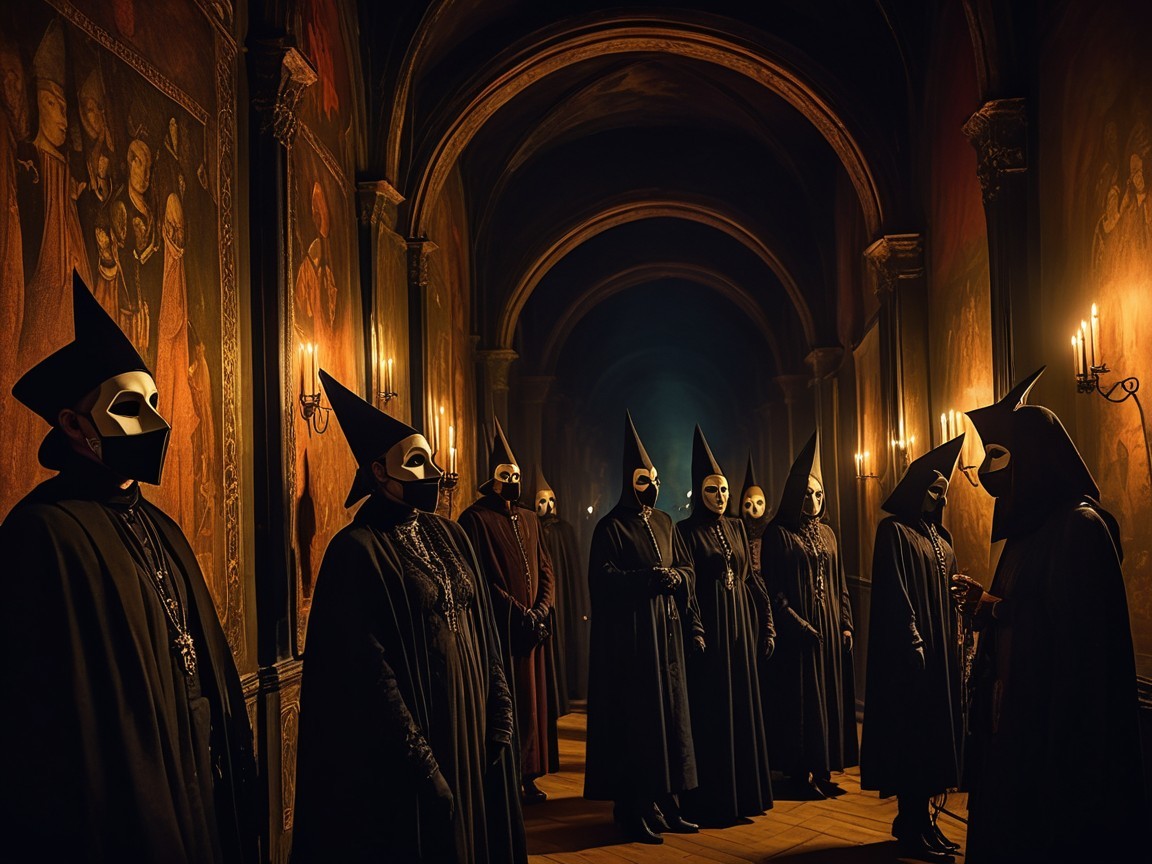 Dimly Lit Corridor with Cloaked Figures and Paintings