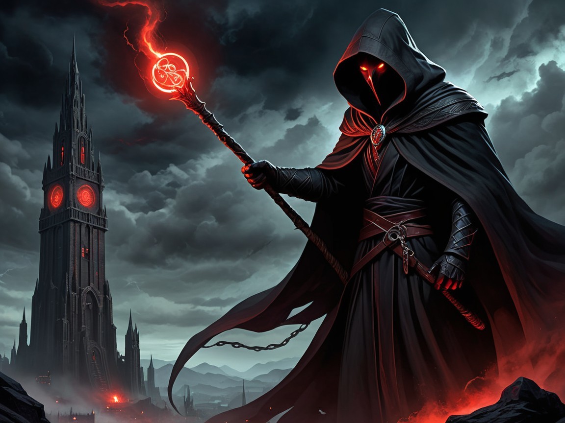 Cloaked Figure with Glowing Staff Near Ominous Castle