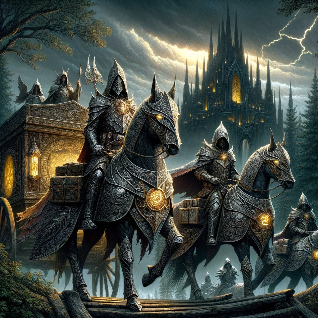Armored Knights Riding in a Shadowy Forest Scene
