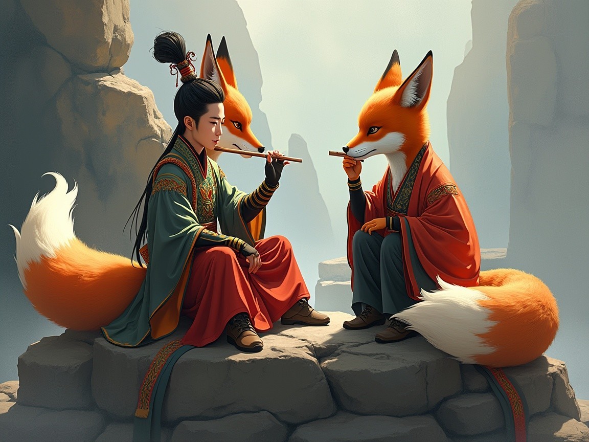 Mystical Landscape with Flute Player and Fox Companions