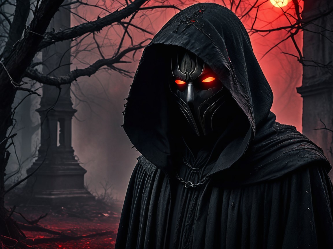 Mysterious figure in dark setting with glowing eyes