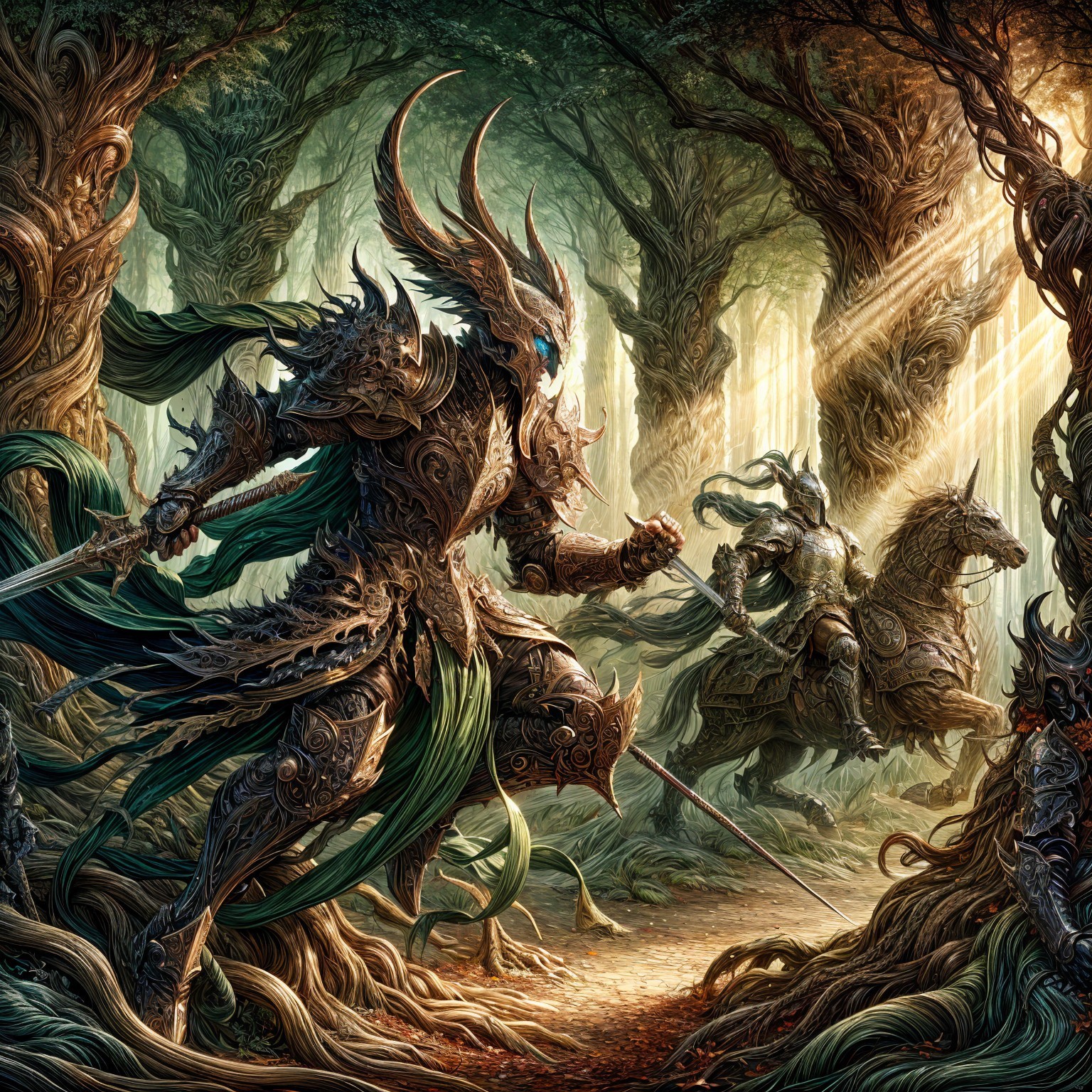 Warrior in Armor in Mystical Forest Setting