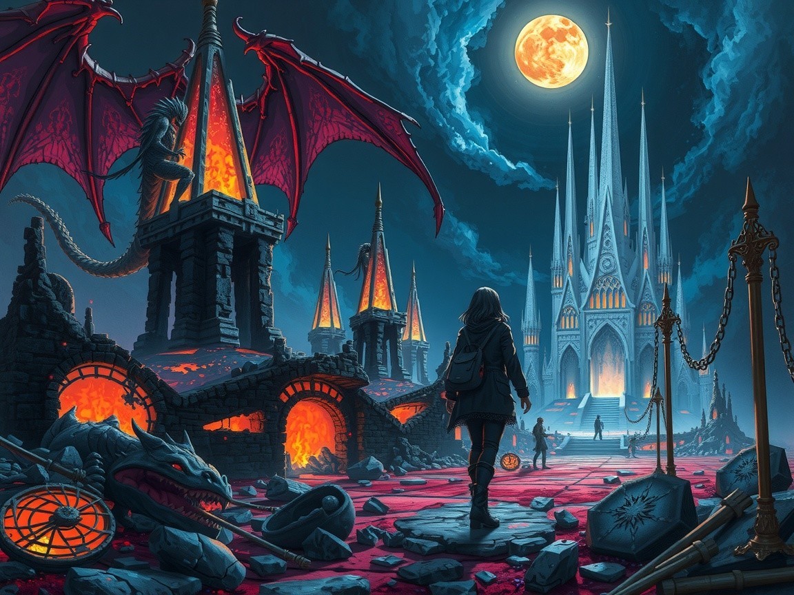 Dark Fantastical Landscape with Gothic Castle and Dragons