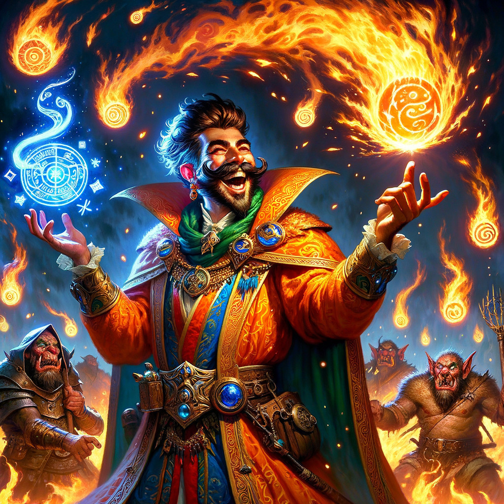 Flamboyant Wizard Casting Fiery Spells with Goblins