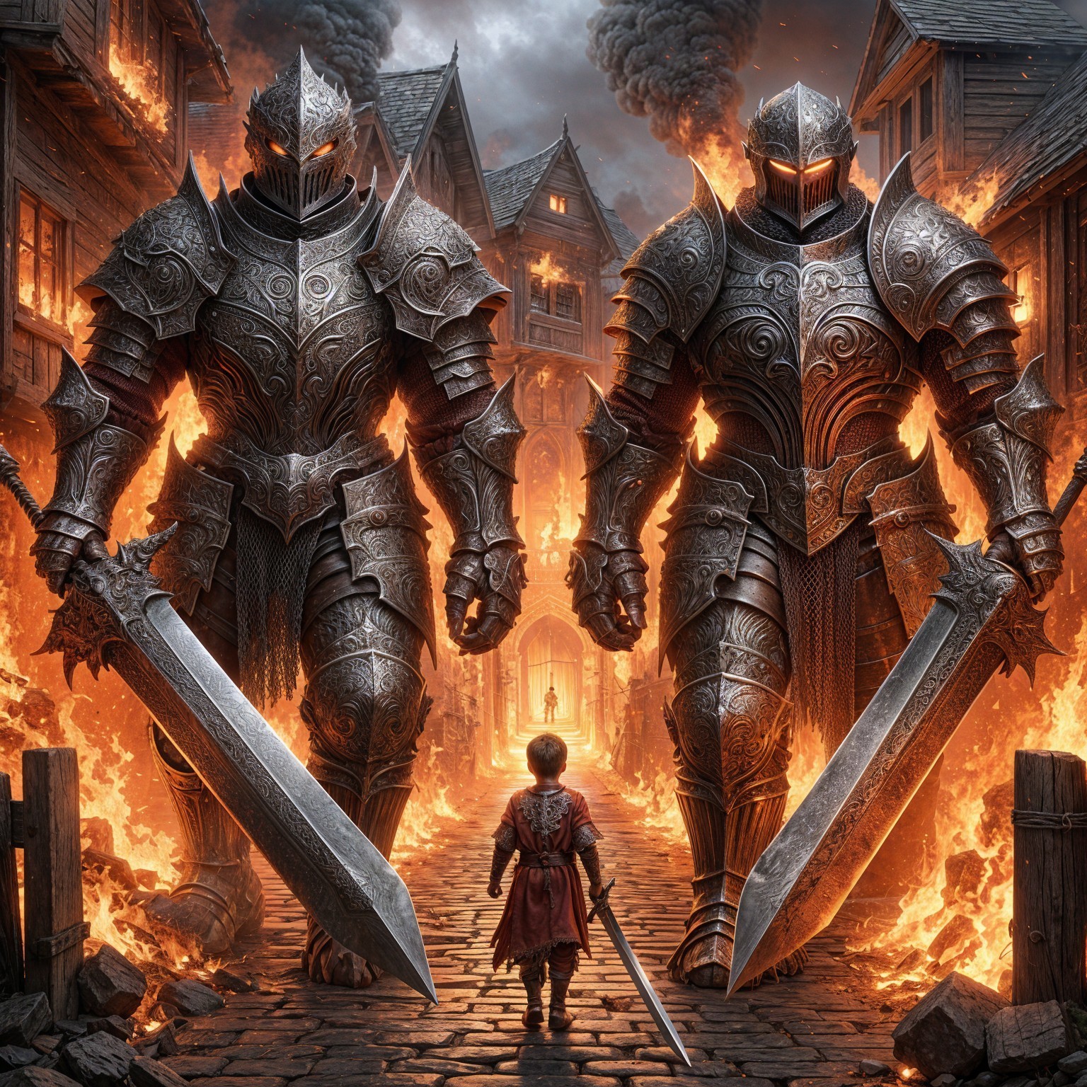 Knights in Armor Amidst Post-Apocalyptic Chaos
