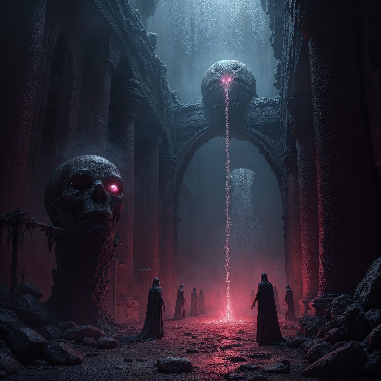 Eerie cavern with towering pillars and glowing skull