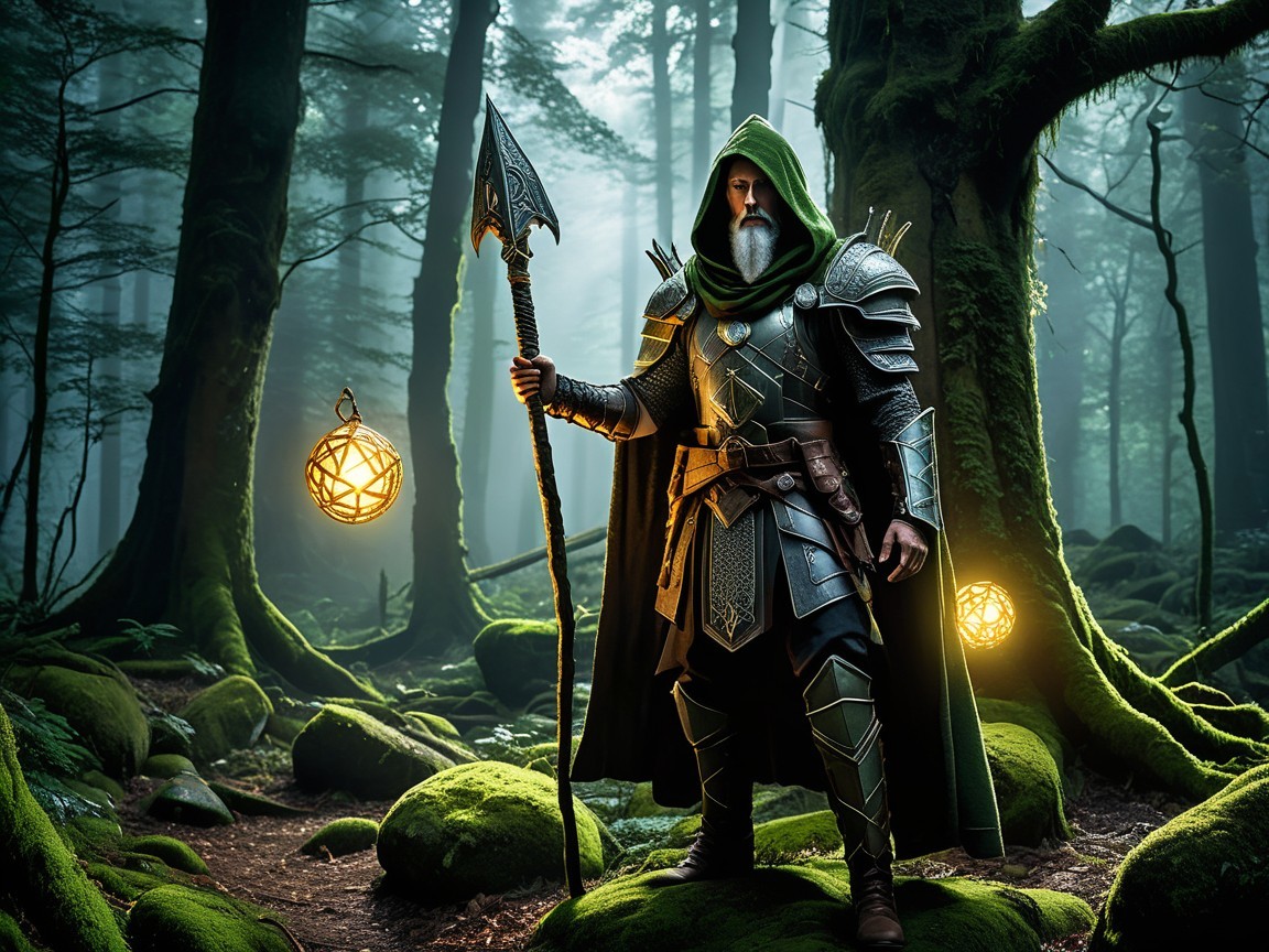 Cloaked Figure in Mystical Forest with Glowing Orbs