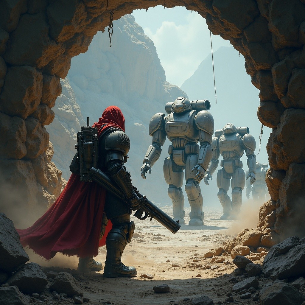 Cloaked Figure and Armored Robots in Rugged Canyon