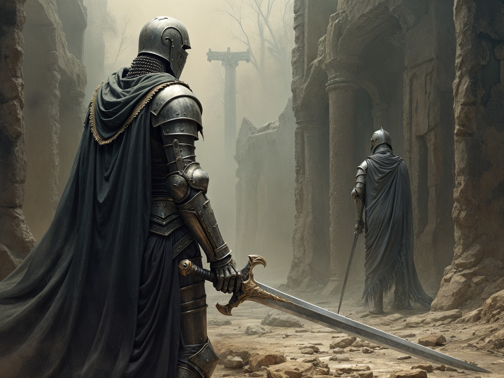 Knights in Dark Armor Amidst Ancient Ruins