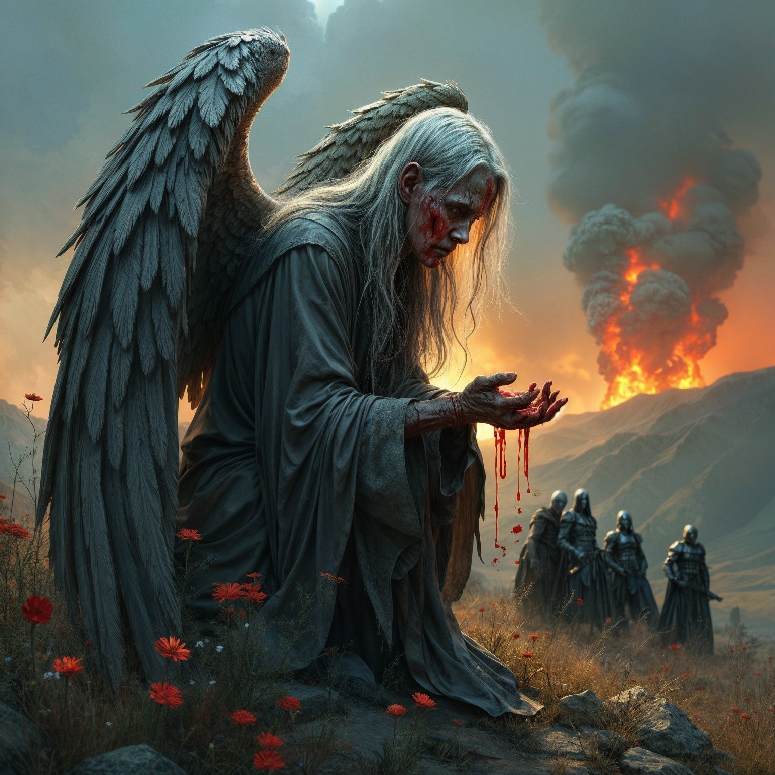 Somber angel in desolate landscape with vibrant flowers