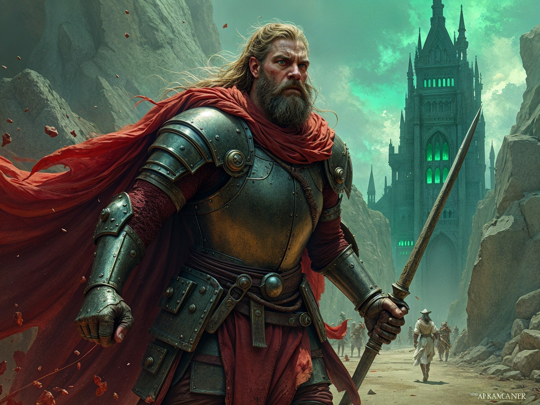 Valiant warrior in armor amid rugged landscape and castle