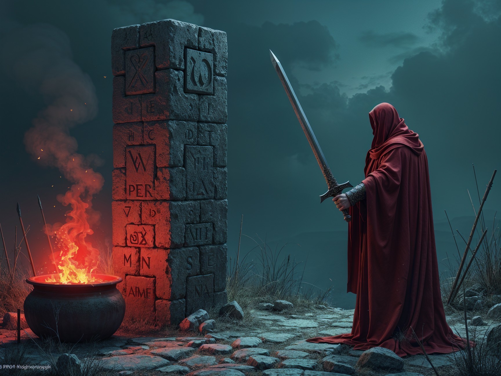 Cloaked Figure by Glowing Pillar in Mystical Landscape