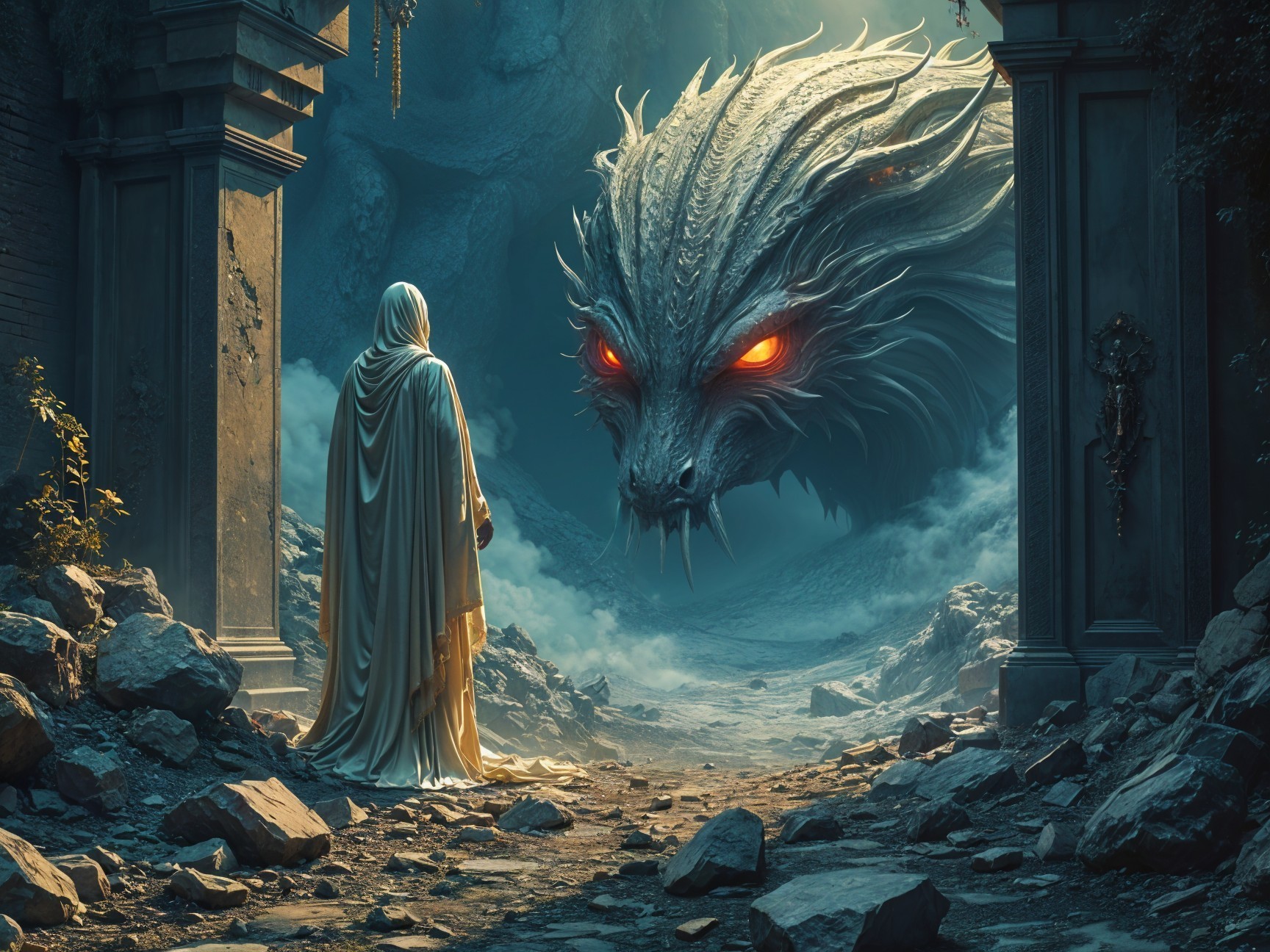 Cloaked Figure Confronts Dragon in Mystical Cavern