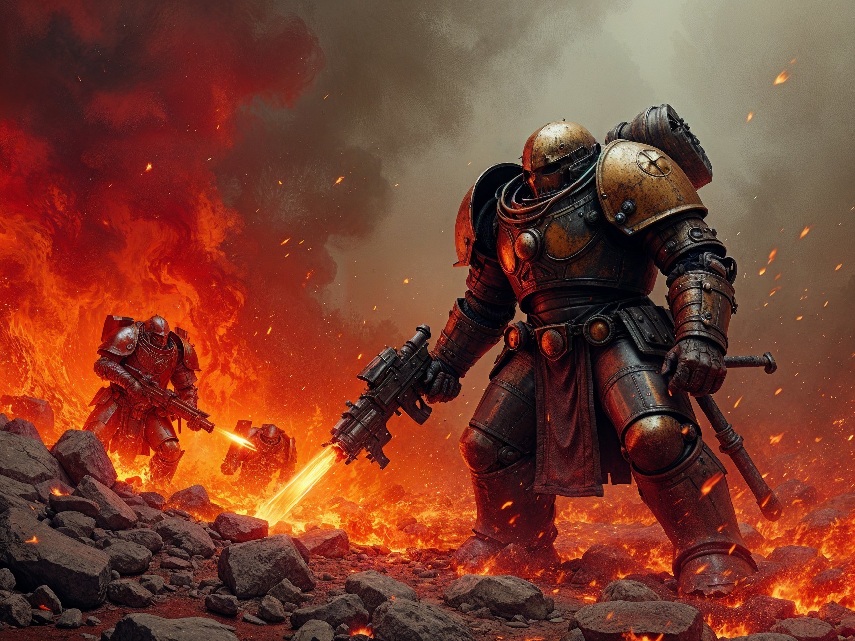 Armored Warriors in Fiery Battle Landscape