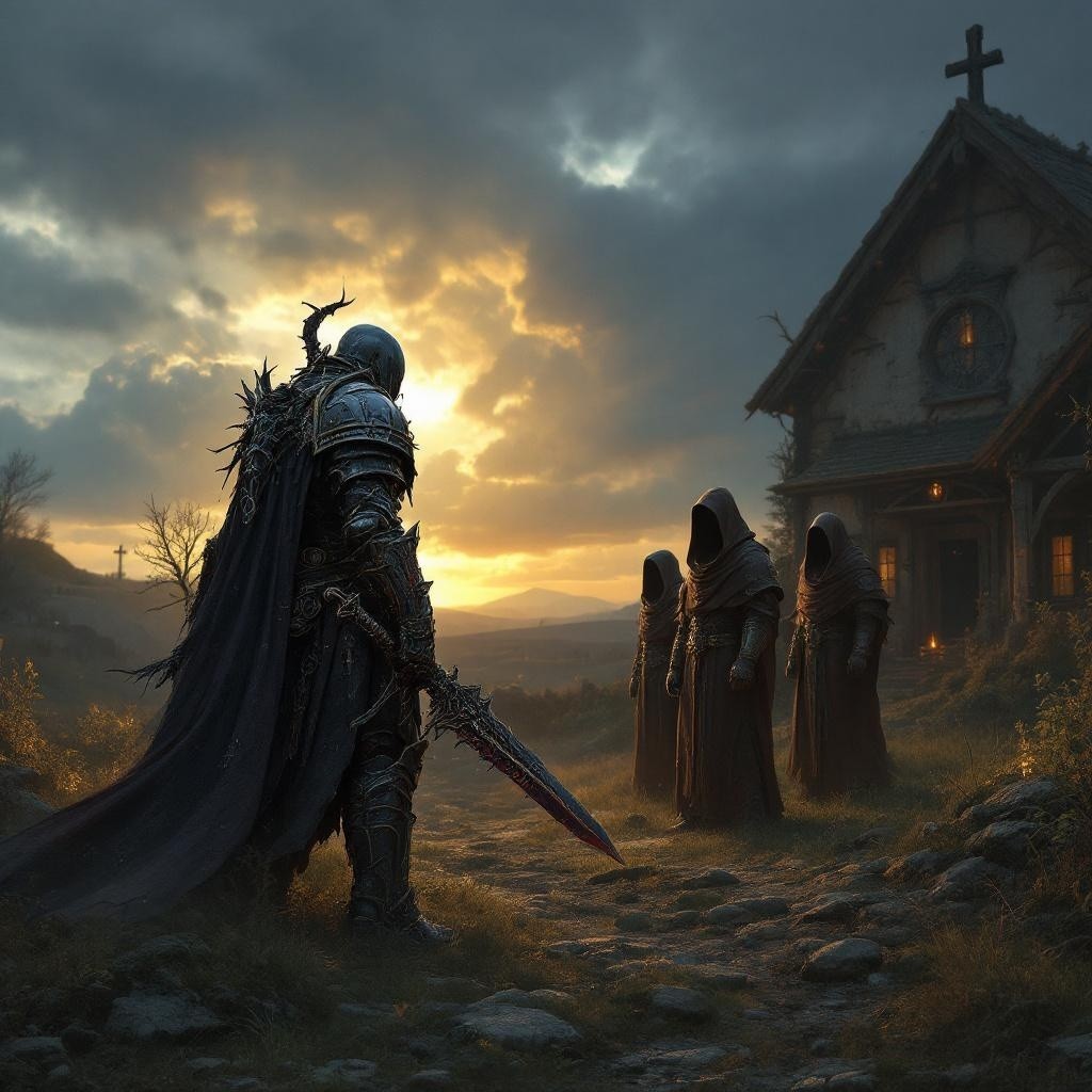 Armored Warrior Confronts Hooded Figures at Sunset