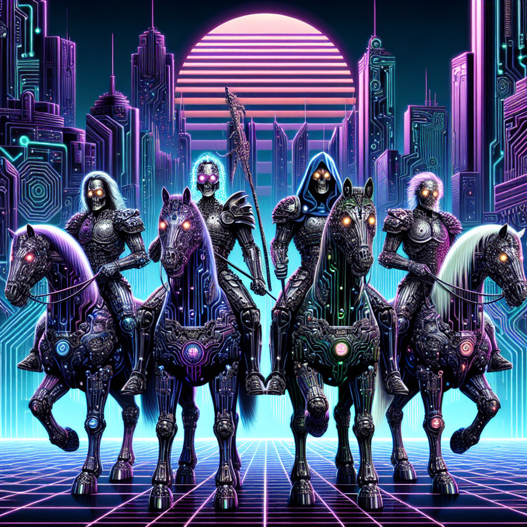 Futuristic Knights on Cybernetic Horses in Neon City