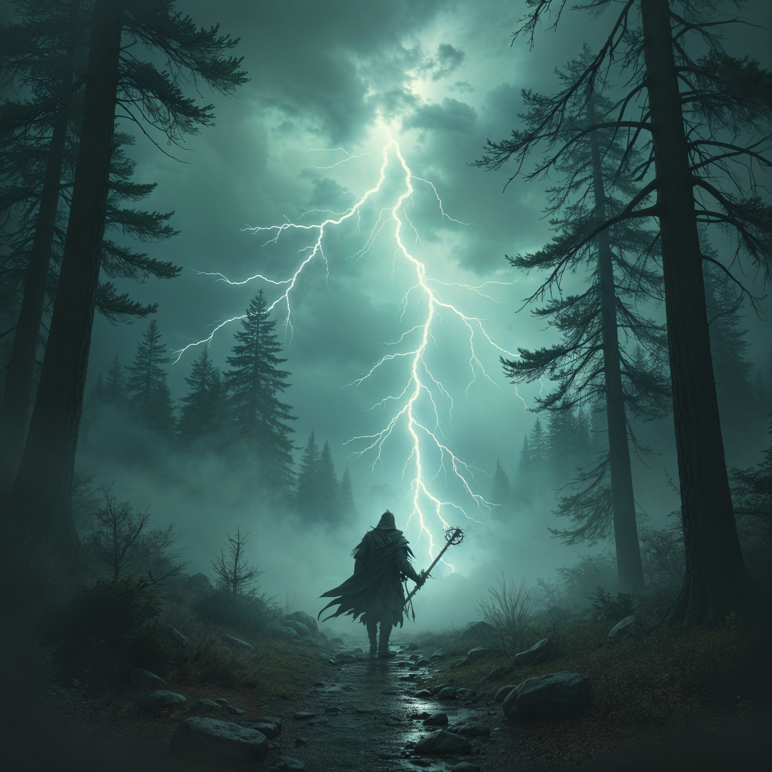 Mysterious Cloaked Figure on Rugged Path in Stormy Woods