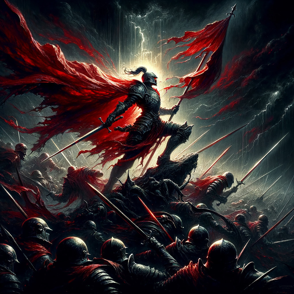 Knight in Armor with Flag Amidst Shadowy Warriors