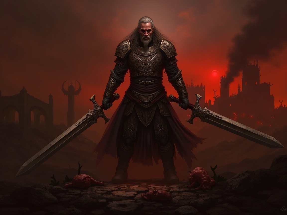 Warrior in Dark Armor Amidst War-Torn Landscape