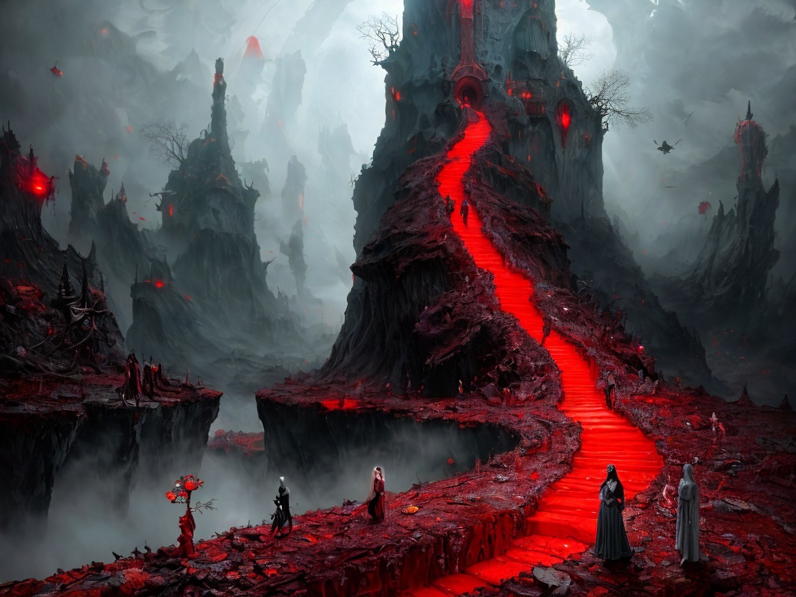 Surreal Landscape with Dark Mountains and Red Pathway