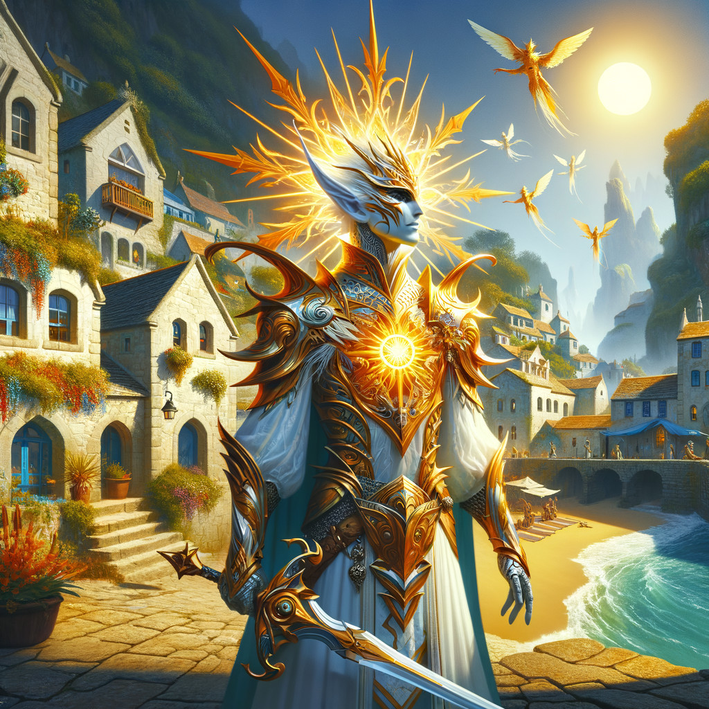 Mythical Figure in Golden Armor at Coastal Village