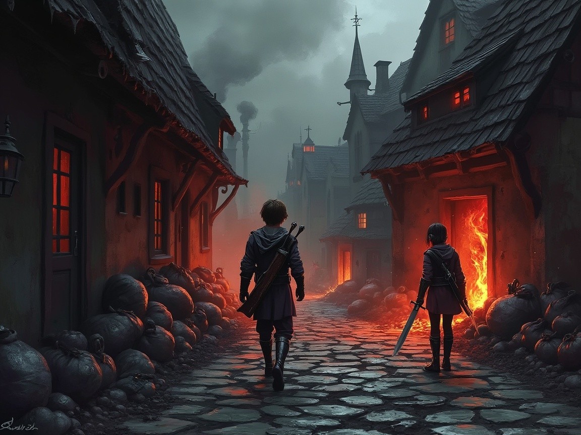 Mysterious Village with Cloaked Figures and Eerie Atmosphere