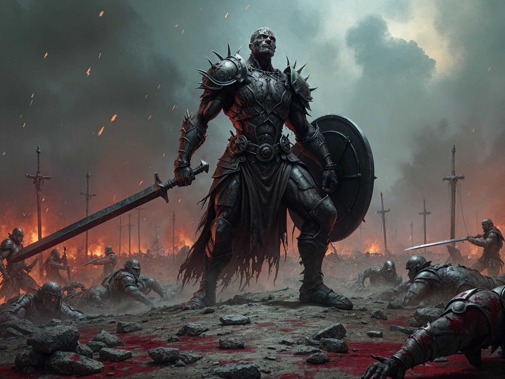 Warrior in Dark Armor on Bloodied Battlefield