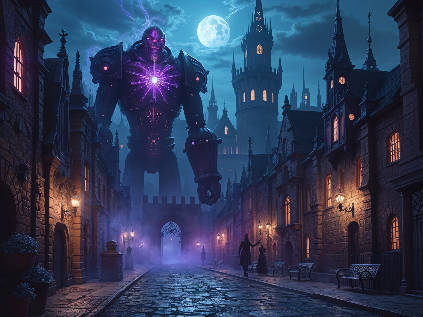 Robotic Figure Overlooks Medieval Street at Night