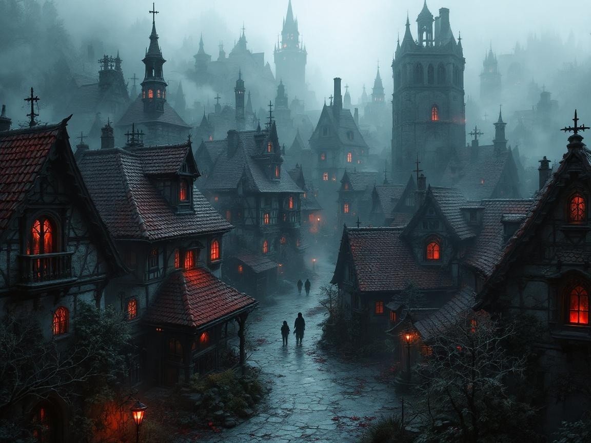 Misty Twilight Village with Gothic Architecture and Fog