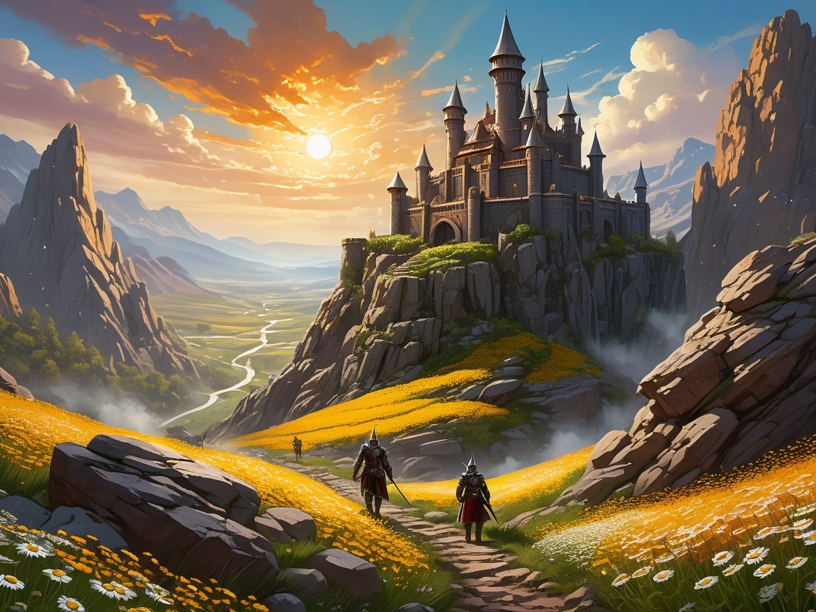 Castle on Rocky Hill with Vibrant Flower Fields