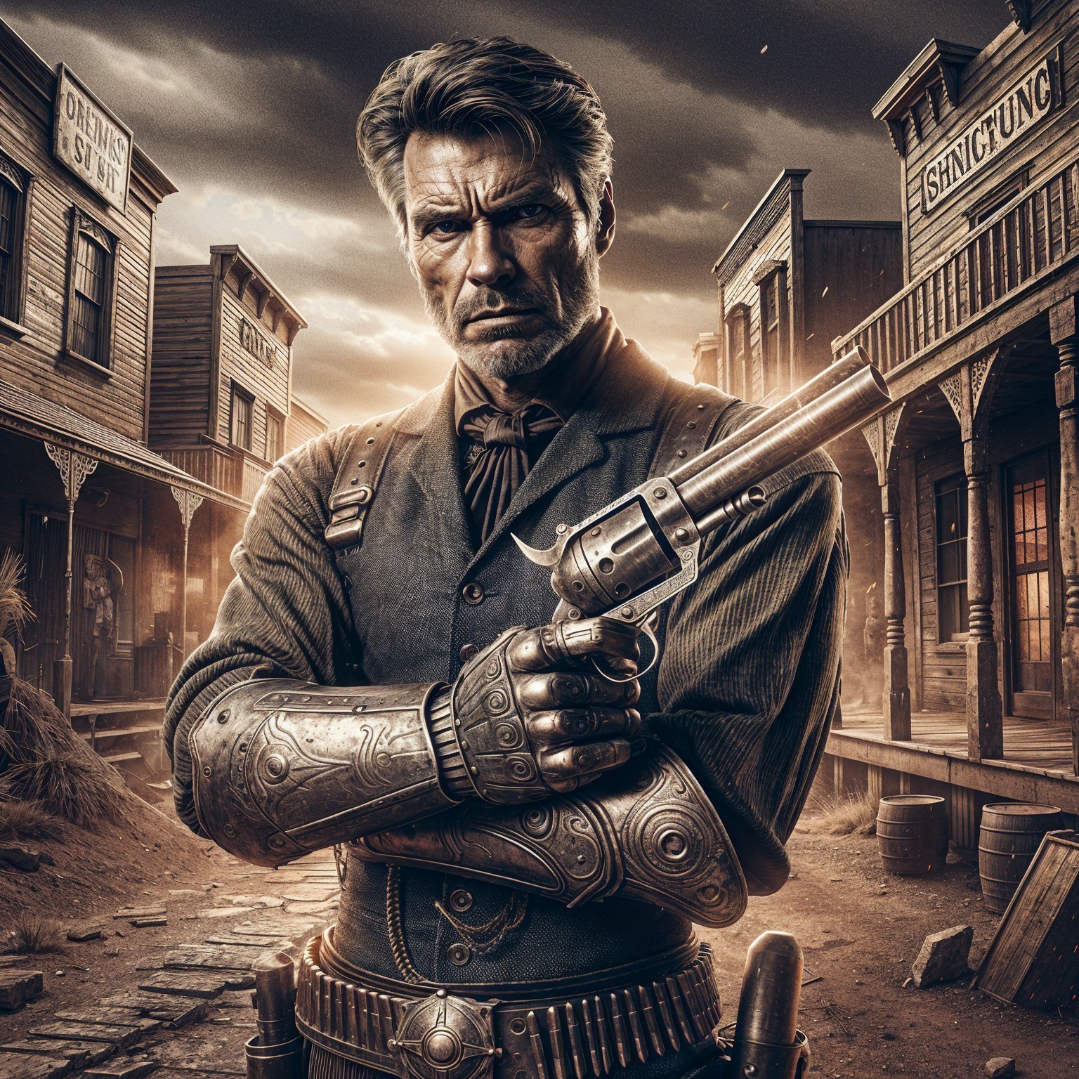Rugged Gunslinger in Dusty Wild West Town Scene
