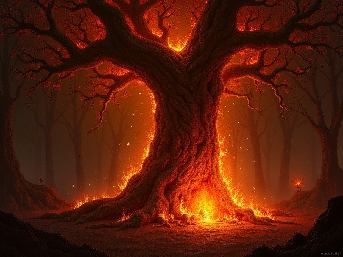 Ancient Tree Surrounded by Flames in Dark Forest