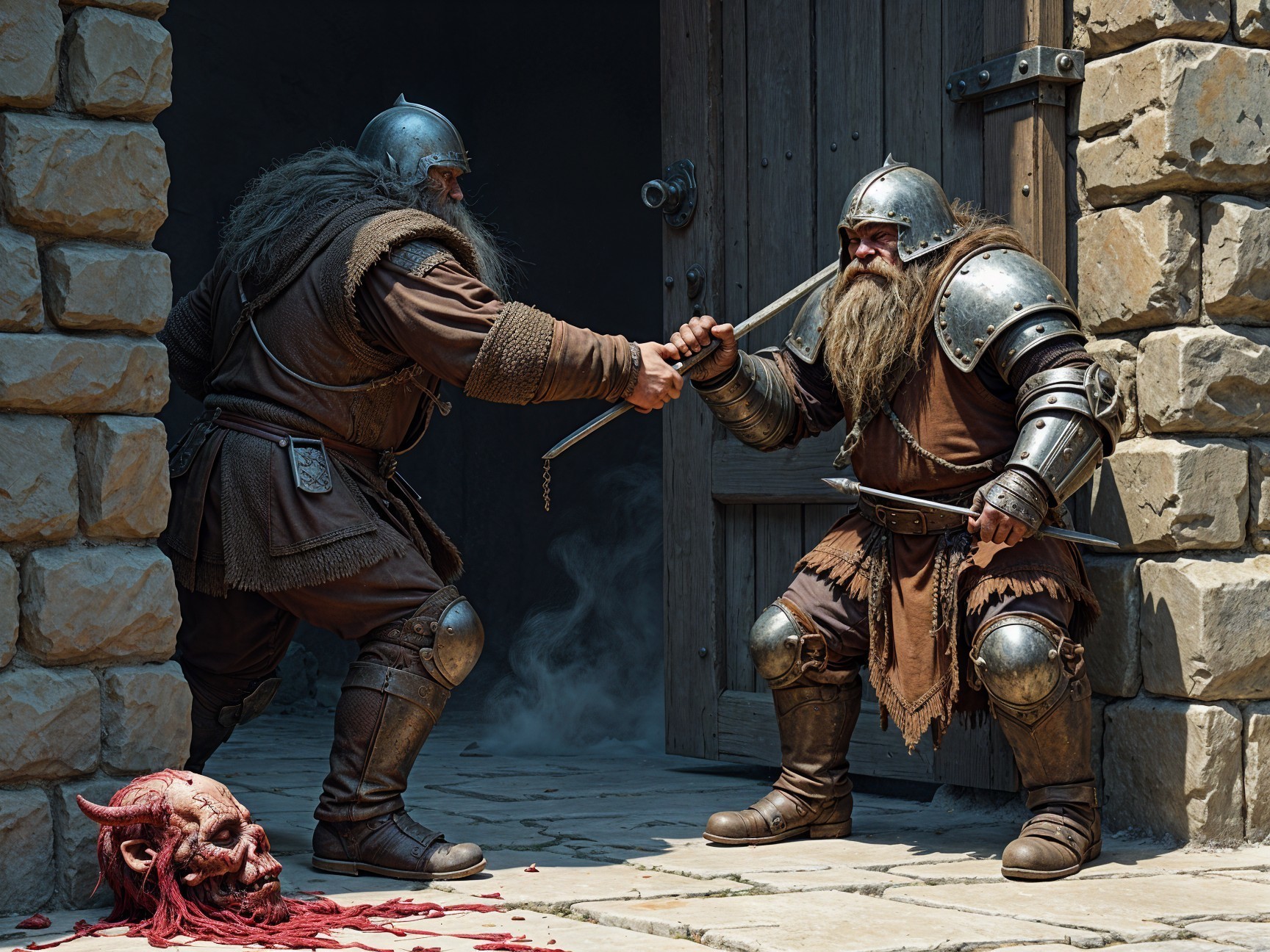 Armored Warriors Duel Near Stone Fortress