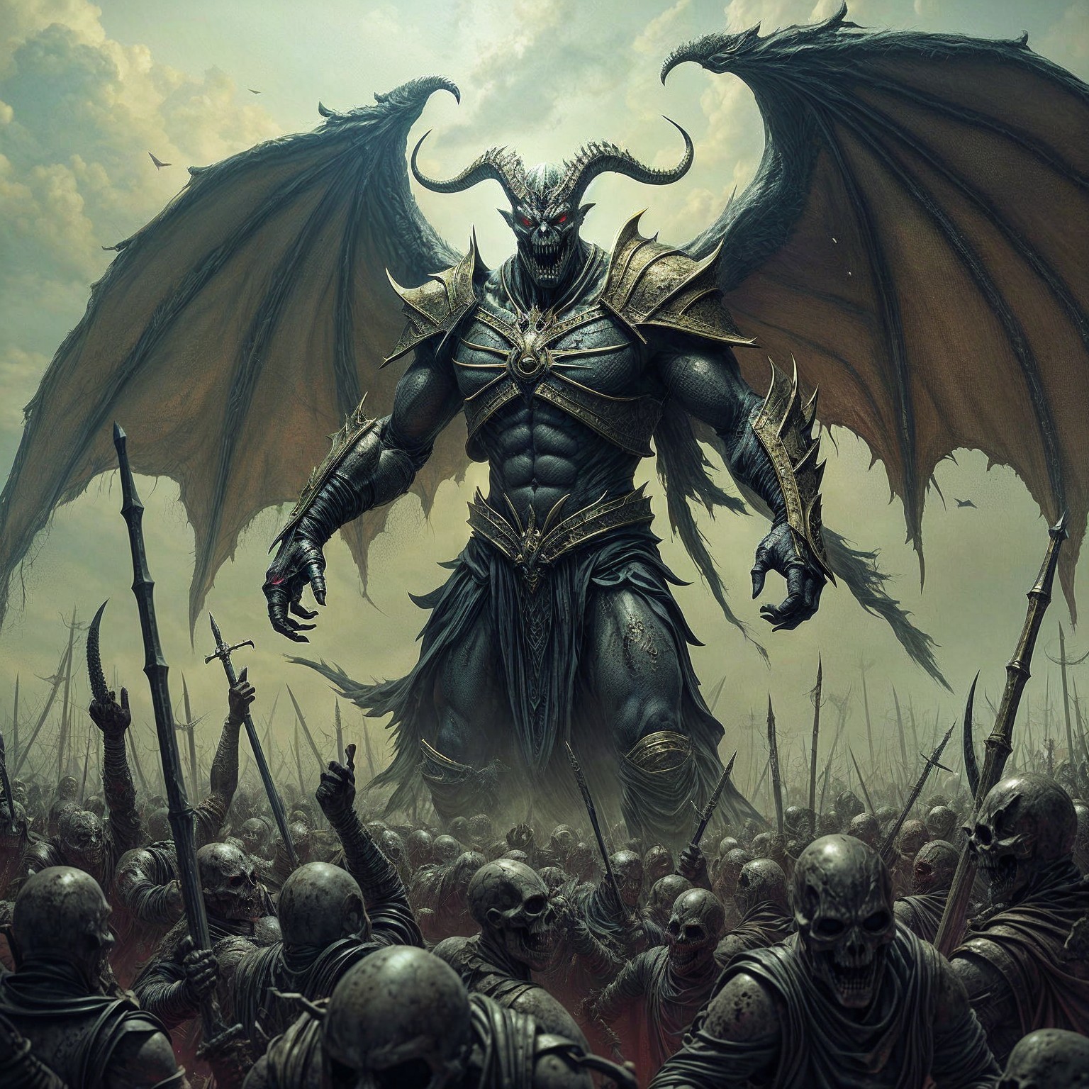 Muscular creature with horns and wings among skeletal warriors