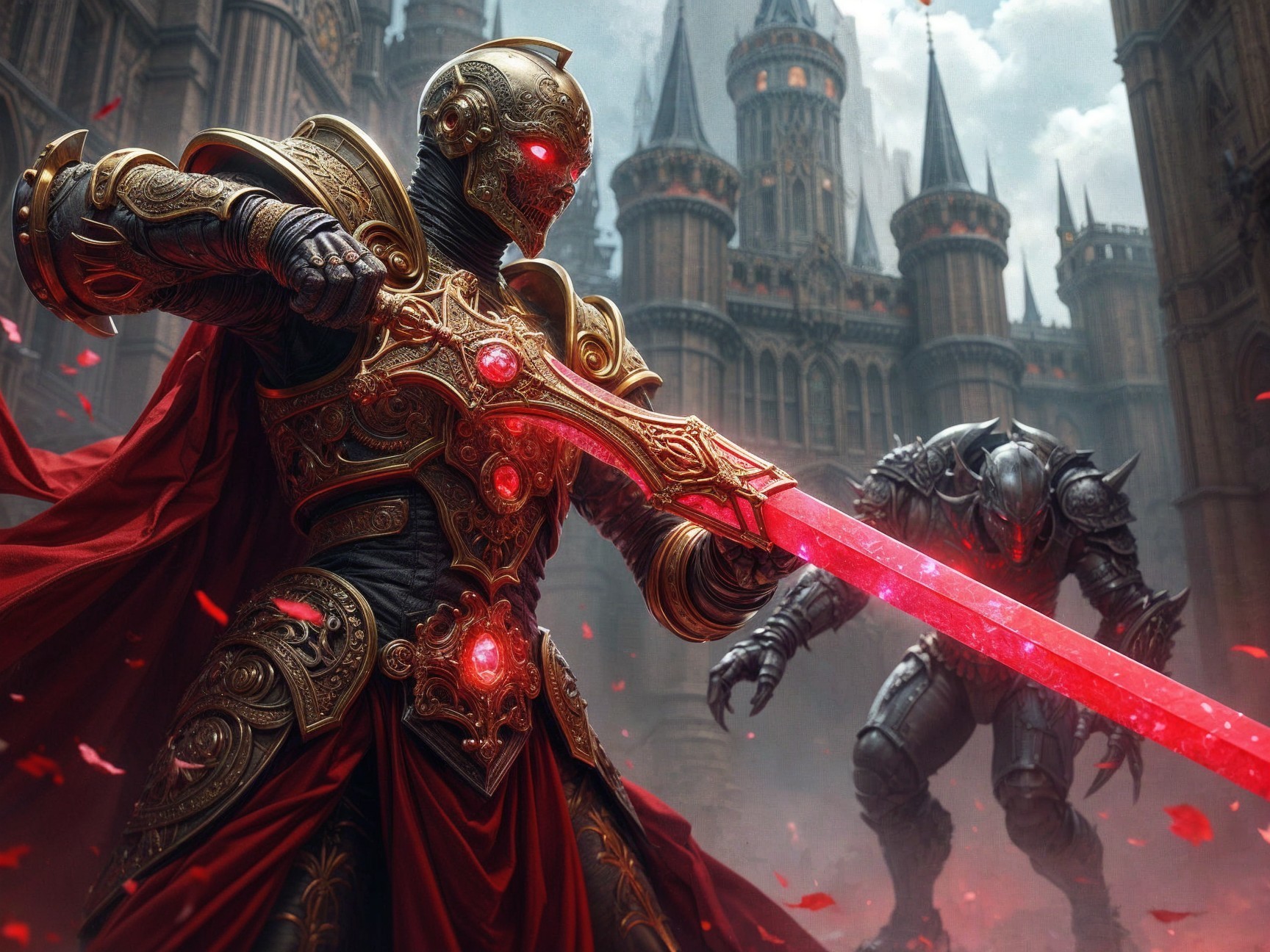 Warrior in Golden Armor with Red Sword Before Castle