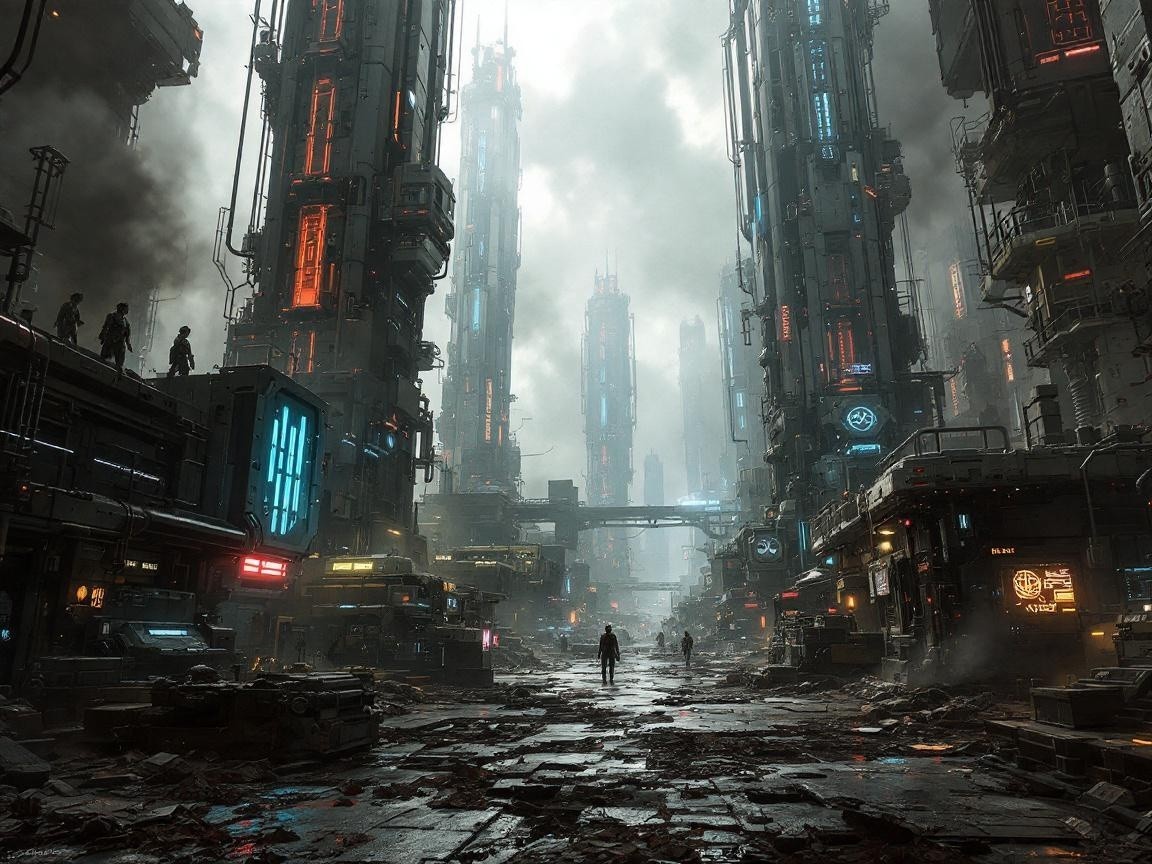 Futuristic cityscape with illuminated skyscrapers and fog