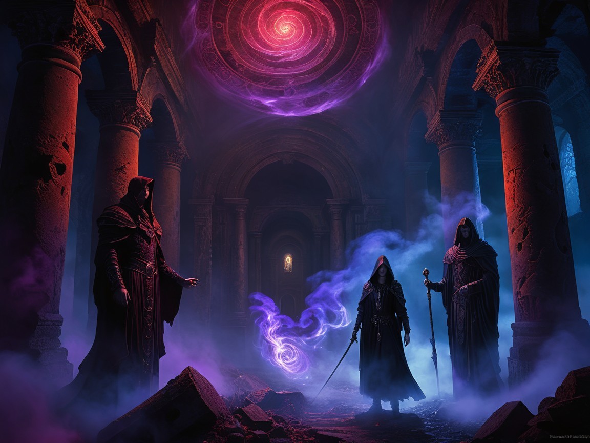Ancient ruins with cloaked figures and a purple vortex