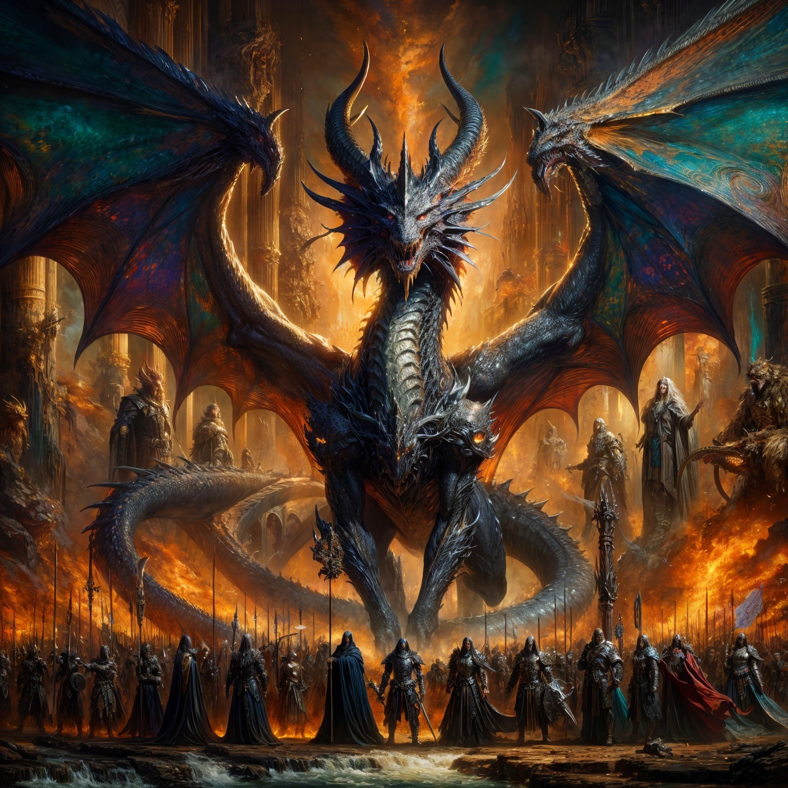 Three-Headed Dragon in Fiery Fantasy Landscape