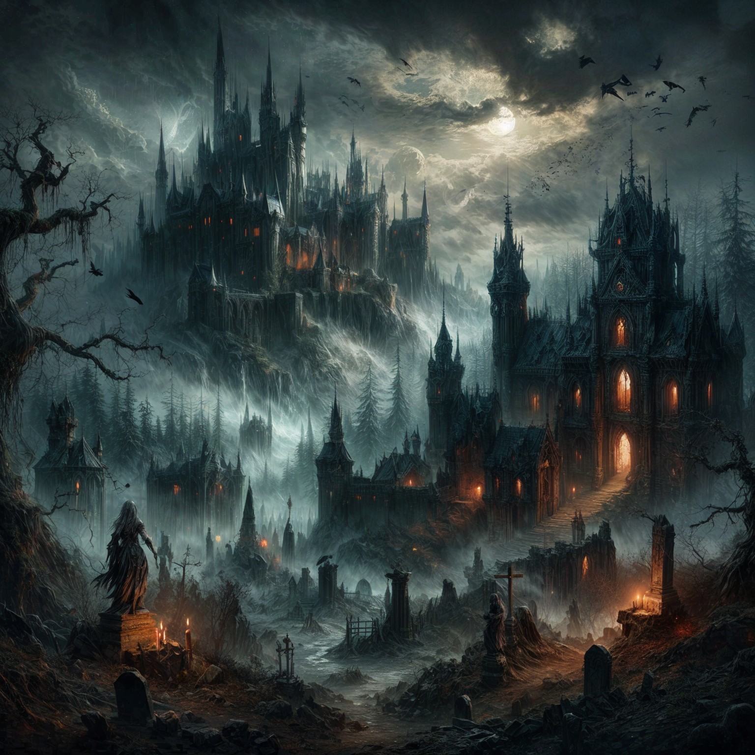 Gothic Landscape with Castle and Eerie Atmosphere