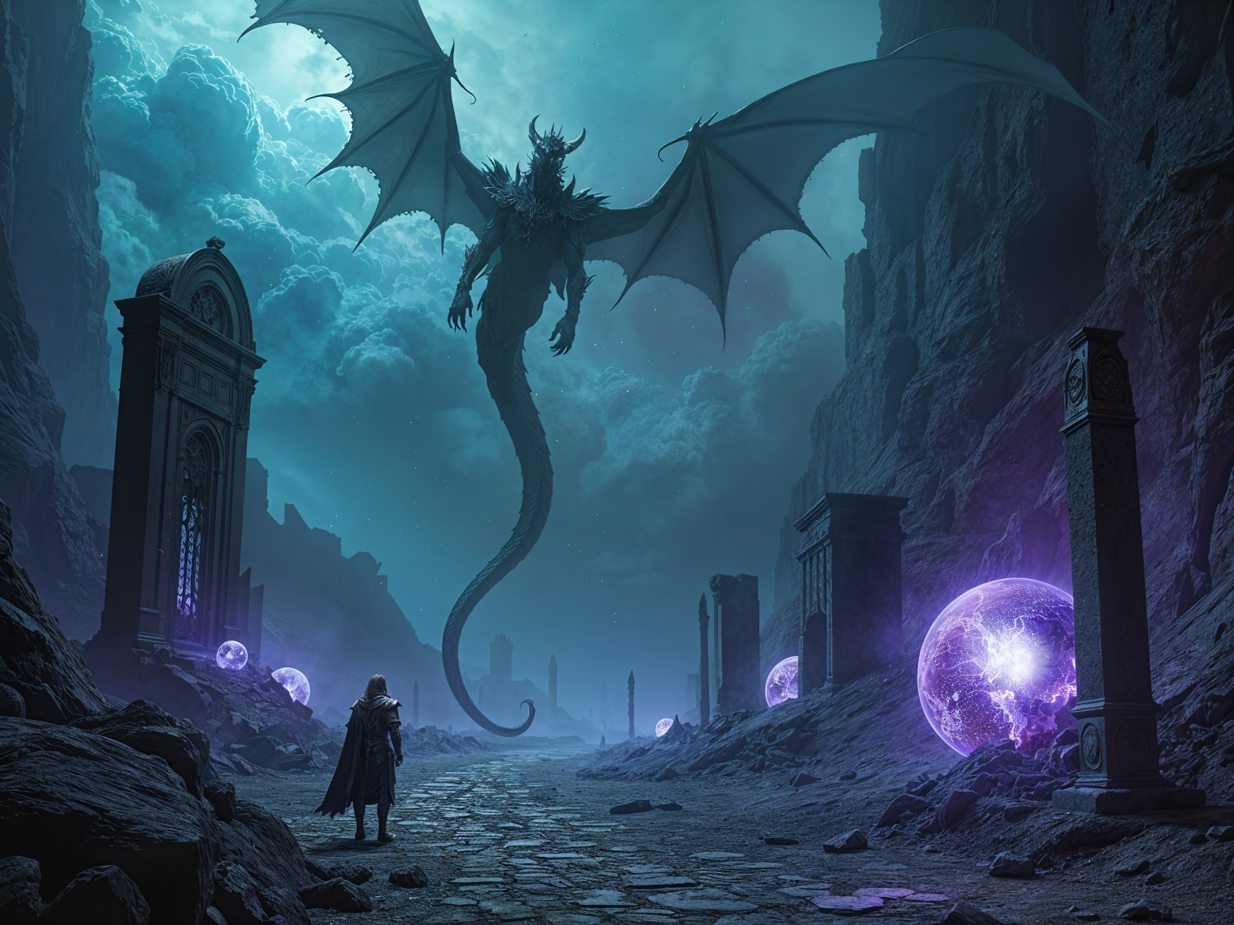 Lone Figure Faces Dragon in Mystical Landscape