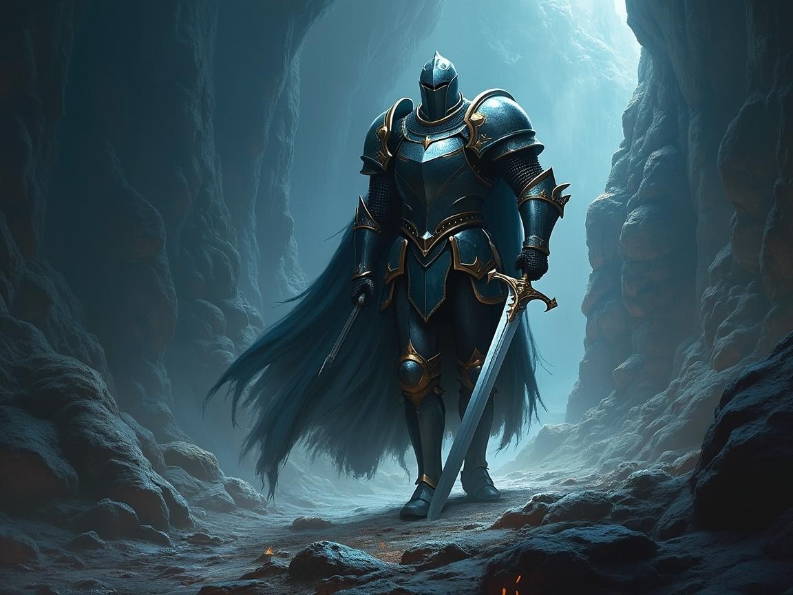 Knight in Gleaming Armor Inside Dimly Lit Cave