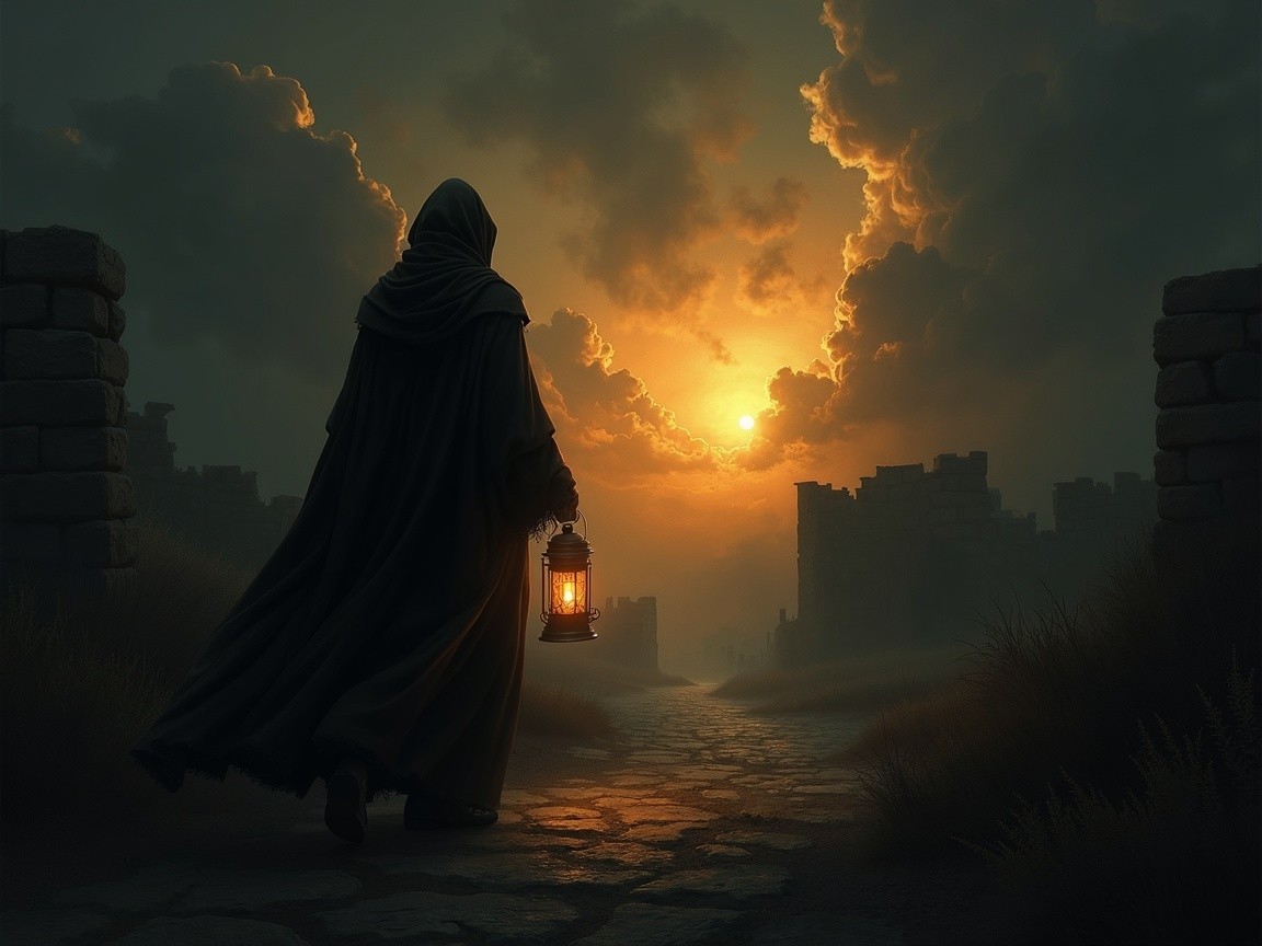 Cloaked Figure Walking Toward Sunset with Lantern