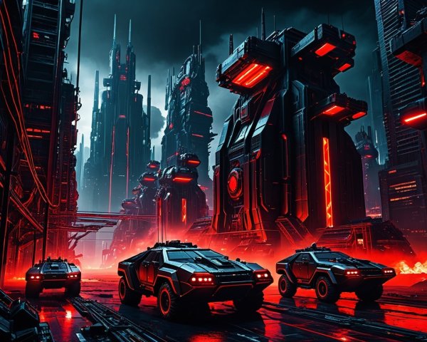 Futuristic cityscape with glowing red and orange hues